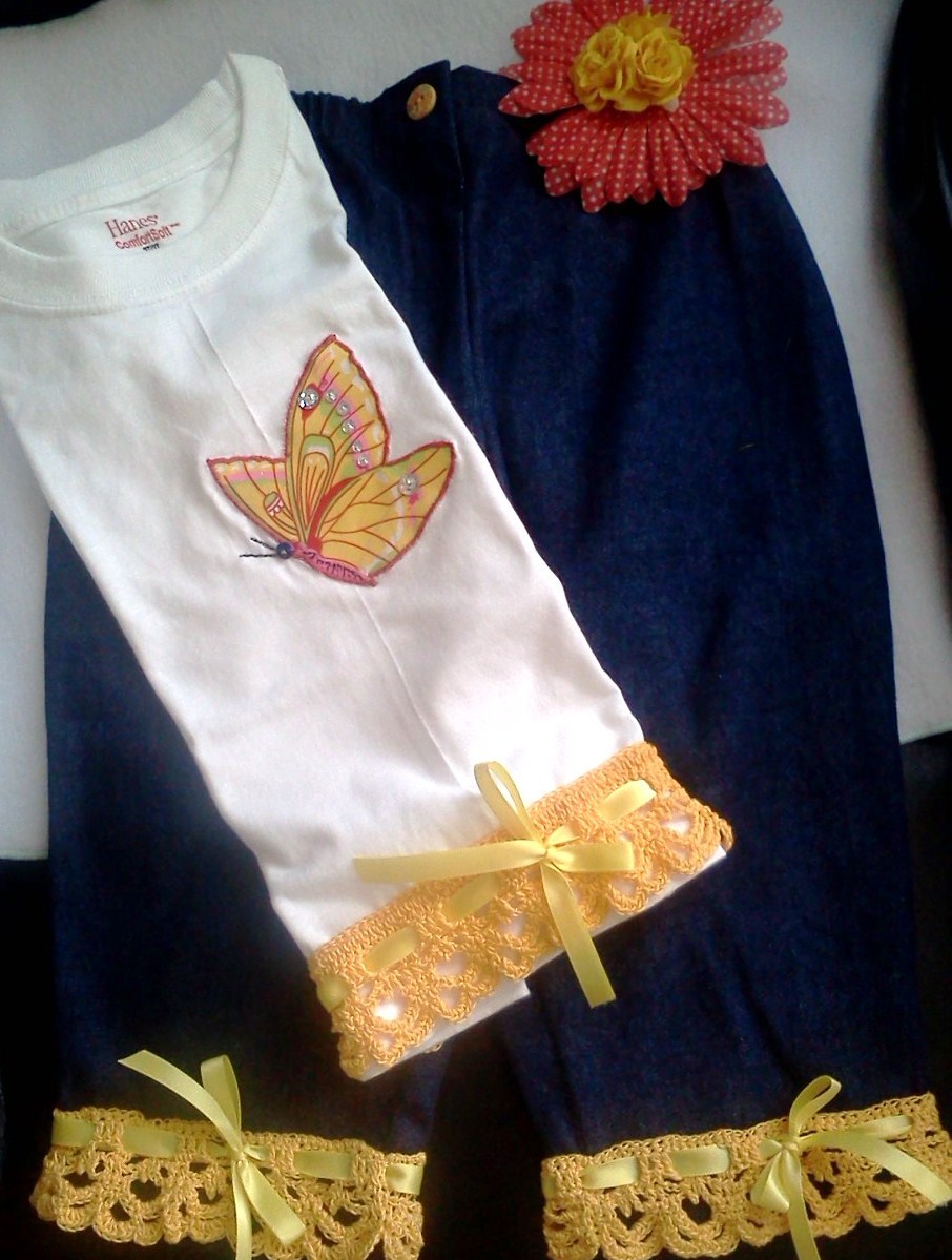 2 Piece Butterfly T-shirt And Ruffle Pants Outfit With Crochet Trims